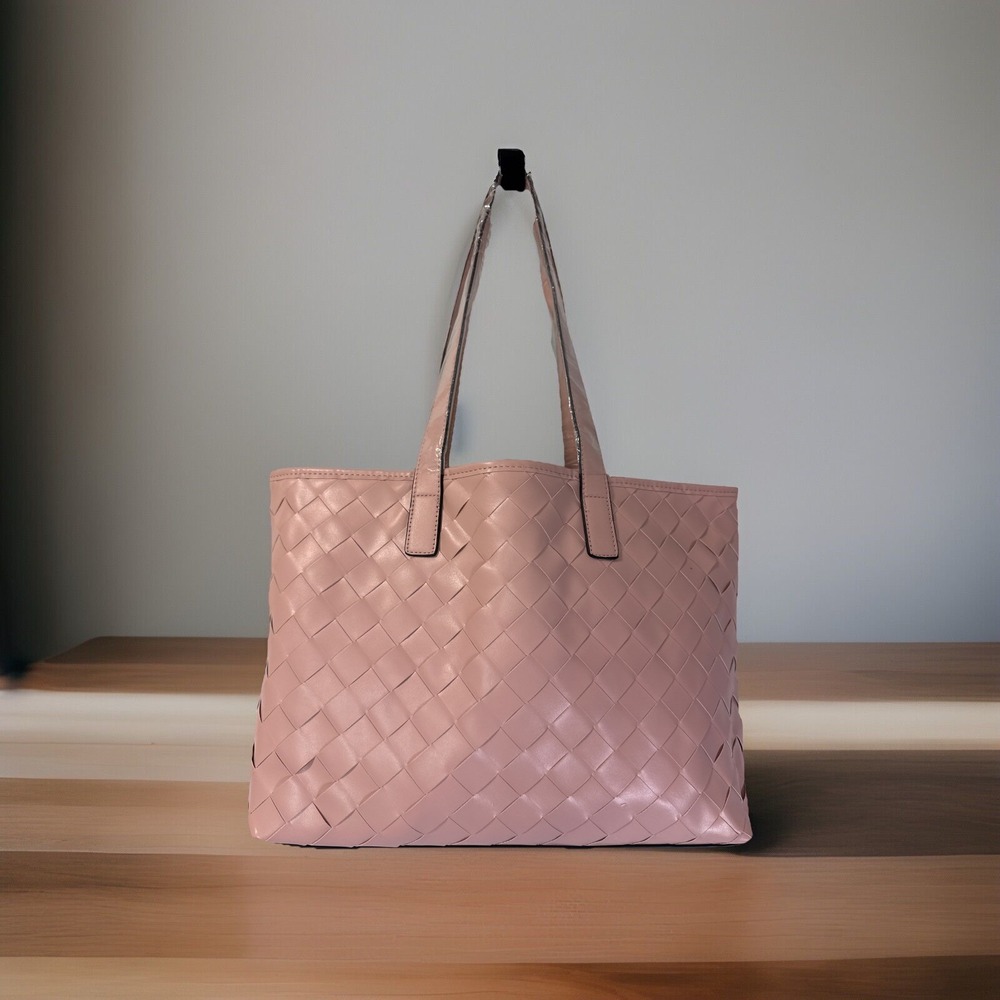 Women Woven Travel Handbags Shoulder Vegan Tote Bag Pink with Makeup Bag